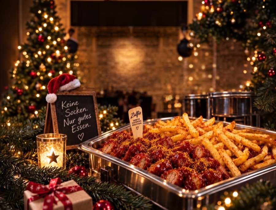 Weihnachtlich gedeckte Catering-Station von Zülfi’s Imbiss: Currywurst mit Pommes in der Warmhaltewanne, daneben eine Tafel mit der Aufschrift „Keine Socken. Nur gutes Essen.“ vor geschmückten Christbäumen